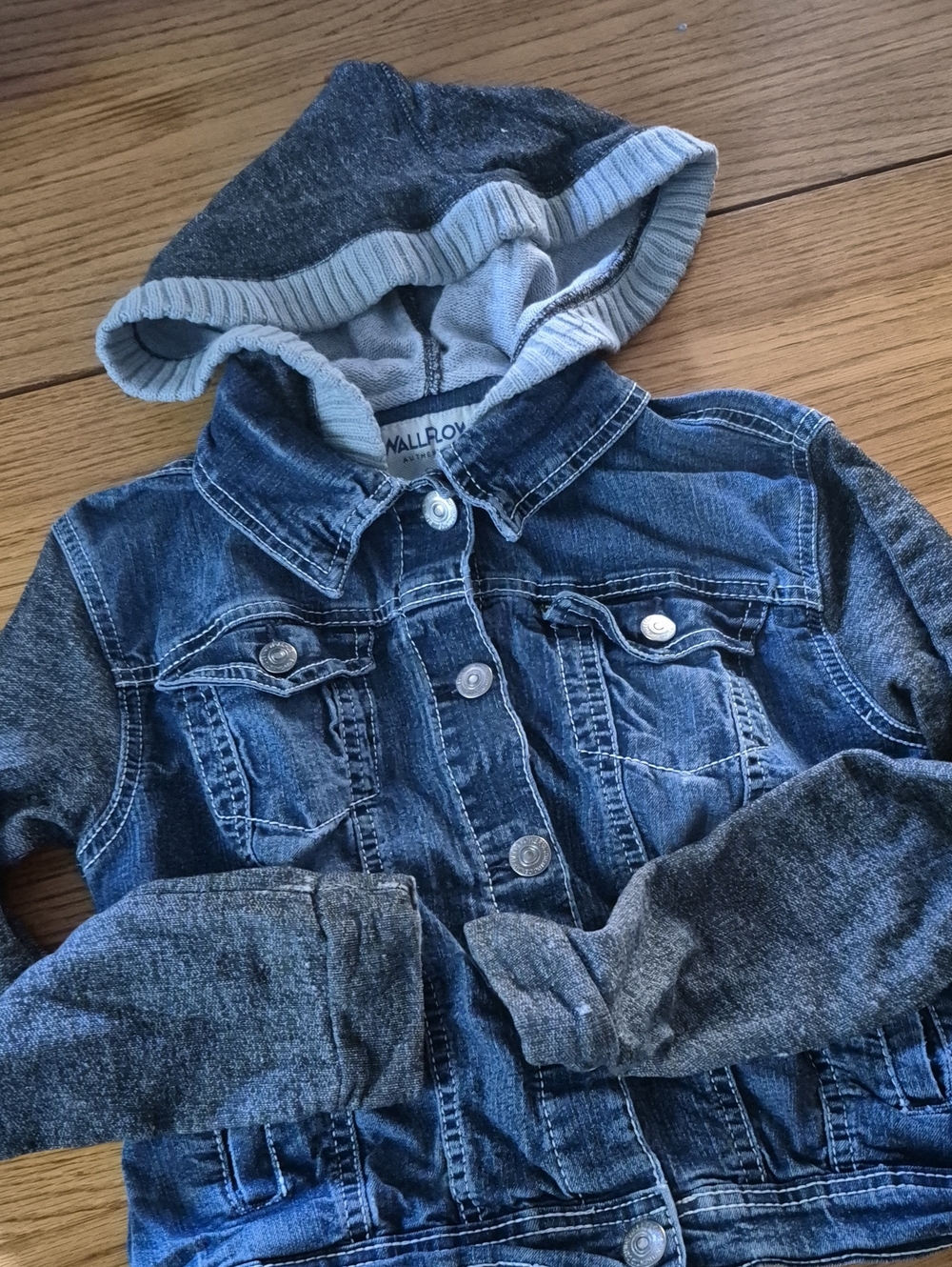 Wallflower Girls Blue Denim Jacket with Gray Knit Hoodie